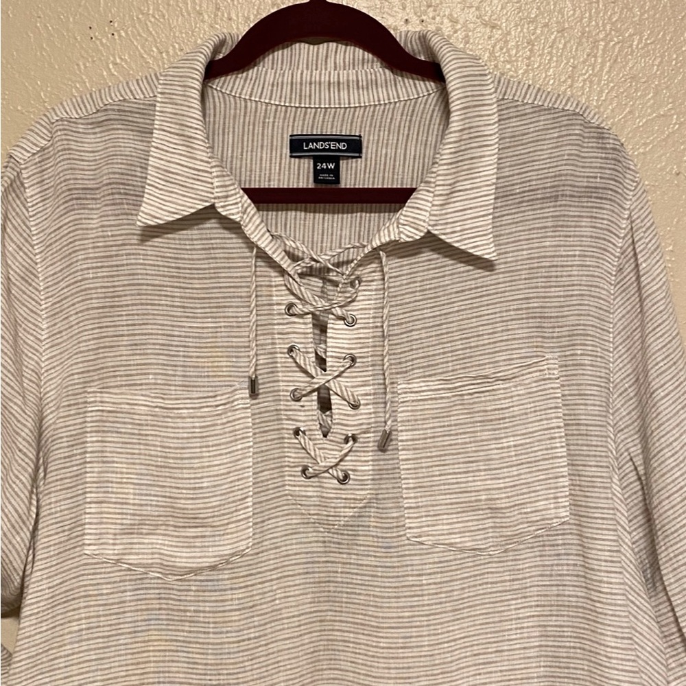 24W Lands End Beige and Cream Long Sleeve Lace Up 100% Linen Top